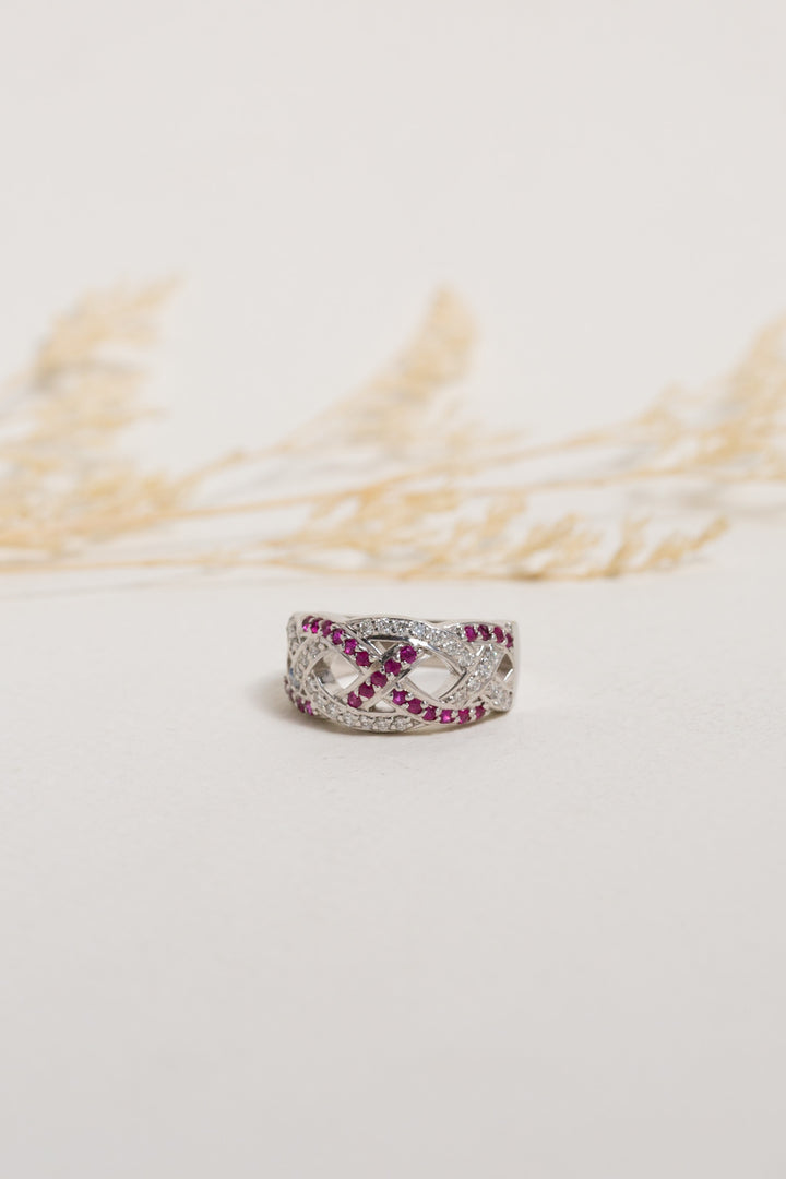 Ruby and Diamond wide dress ring, crafted from palladium