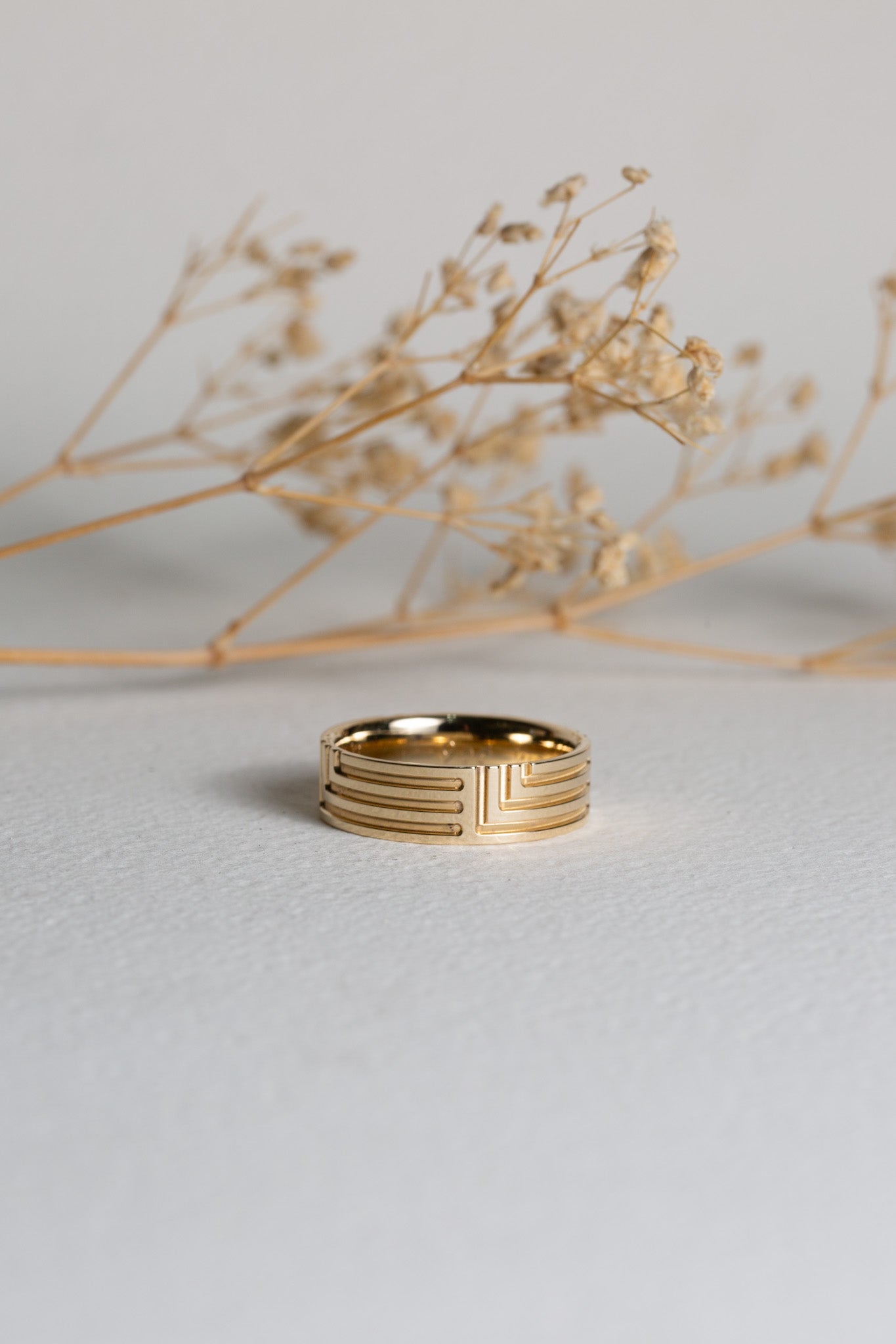 Mens geometric patterned wedding band, made from 9ct gold