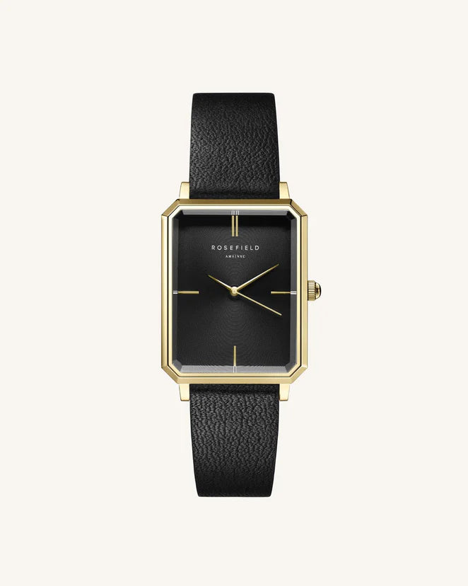 Rosefield The Octagon ladies watch with black dial and black leather strap