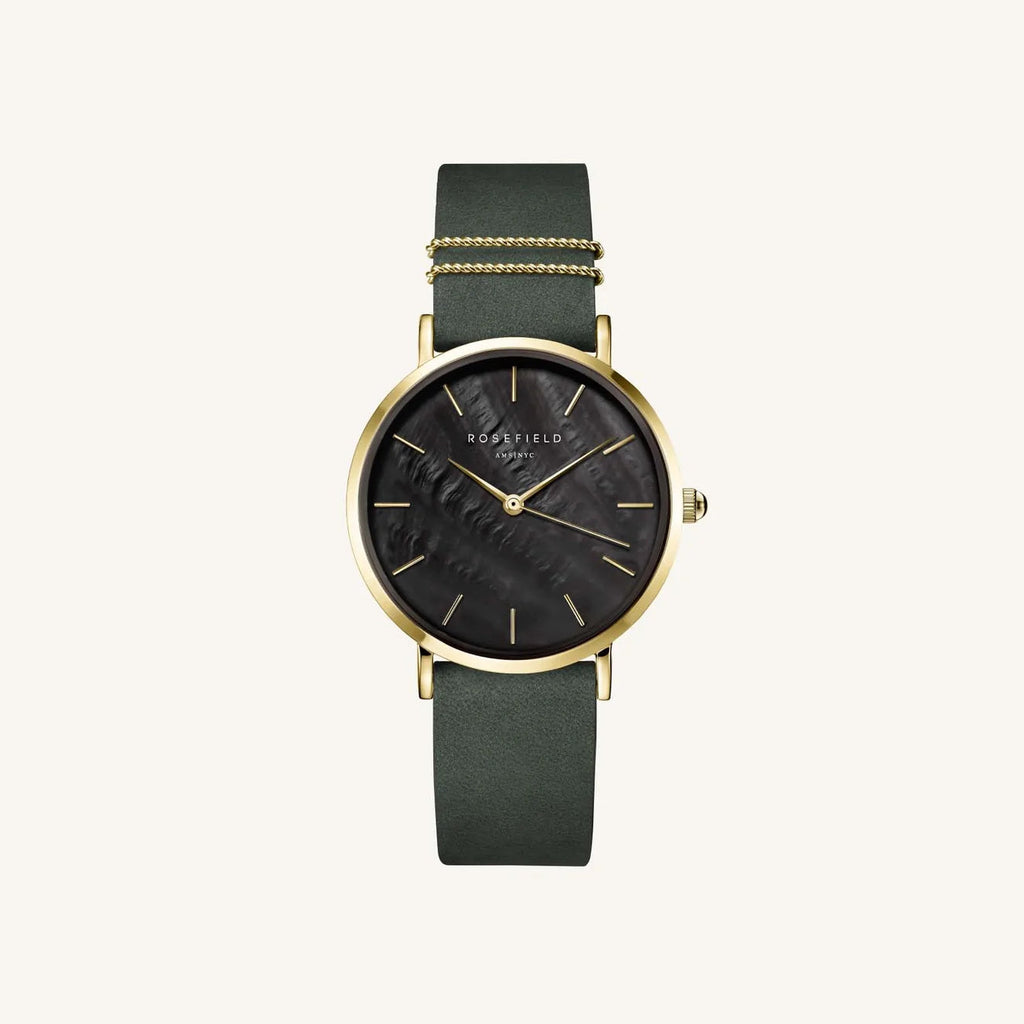 Rosefield The West Village ladies watch with black dial and green leather strap