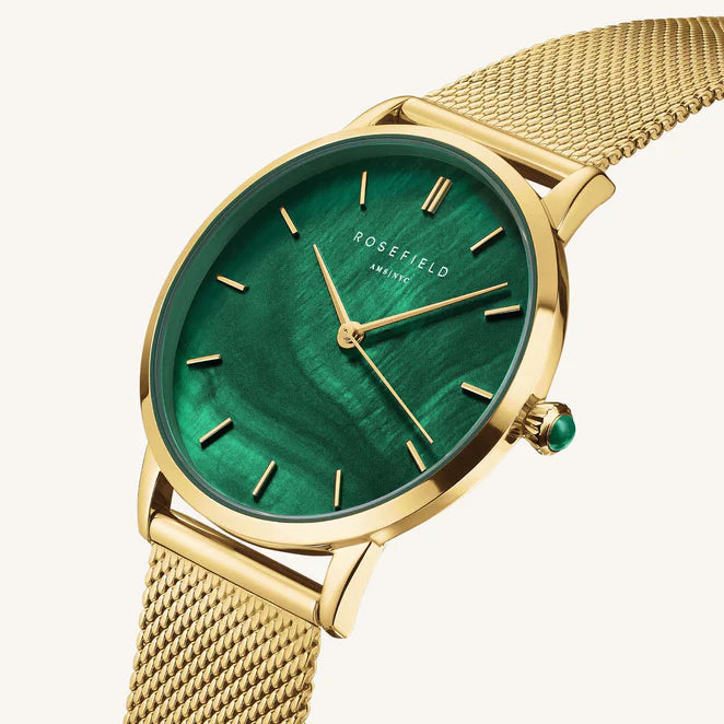 Ladies gold watch with green dial and mesh strap