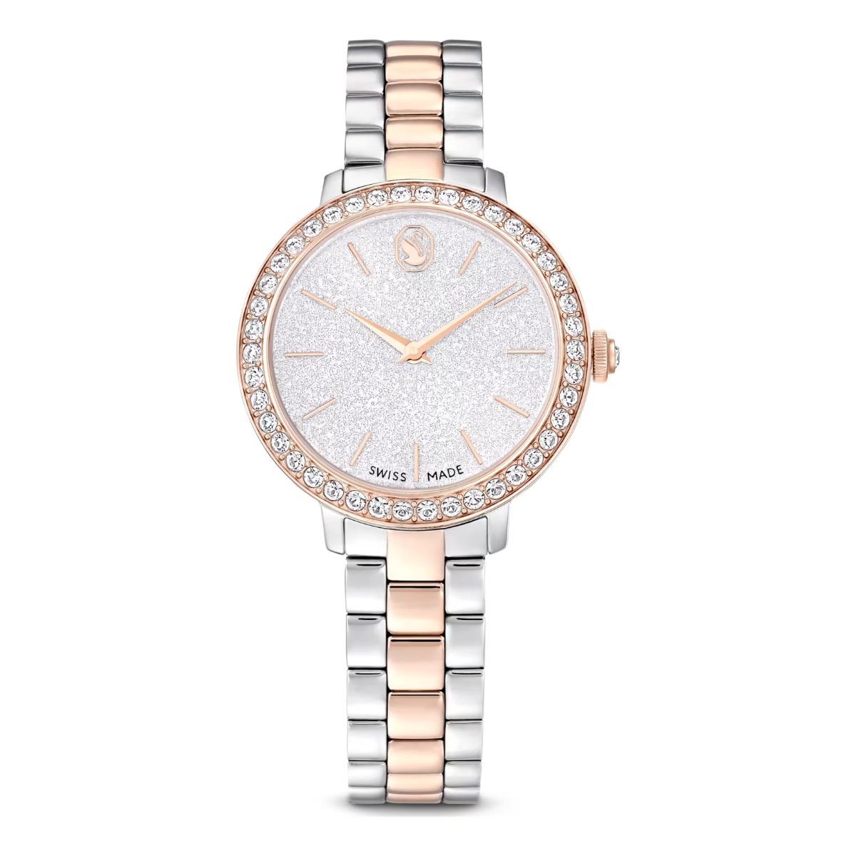 Inspired by Swarovski’s Matrix jewellery, this 30 mm timepiece captures the same sense of contemporary and expressive styling. The design in stainless steel and rose gold-tone finishing features a pavé bezel set with 42 crystals.