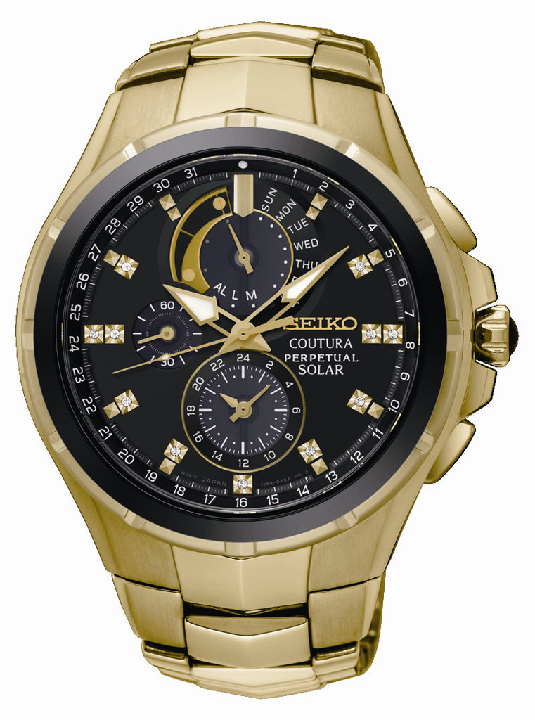 Mens gold Seiko Coutura with diamonds on the dial and a perpetual calendar