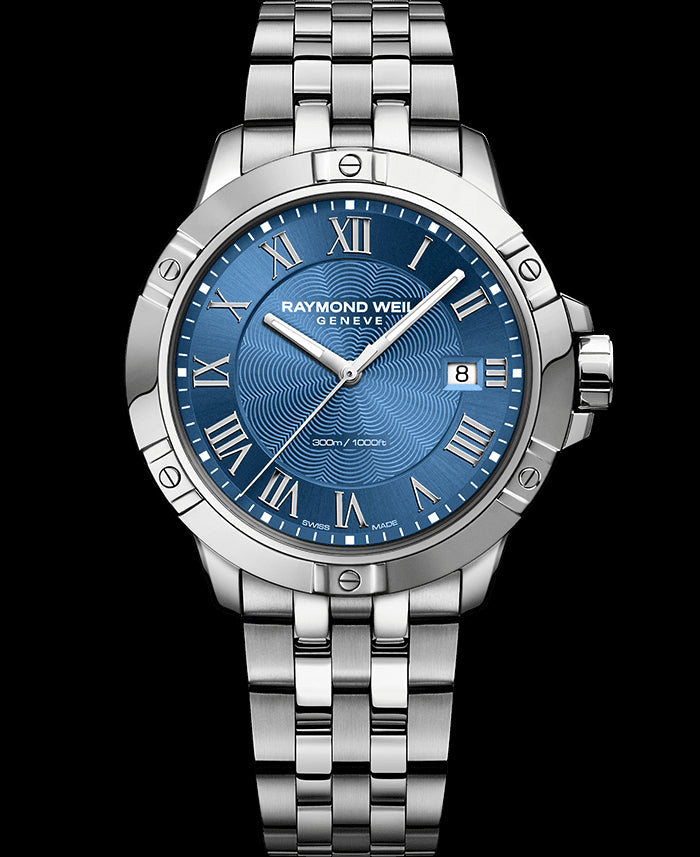 Mens stainless steel Raymond Weil watch with a blue dial