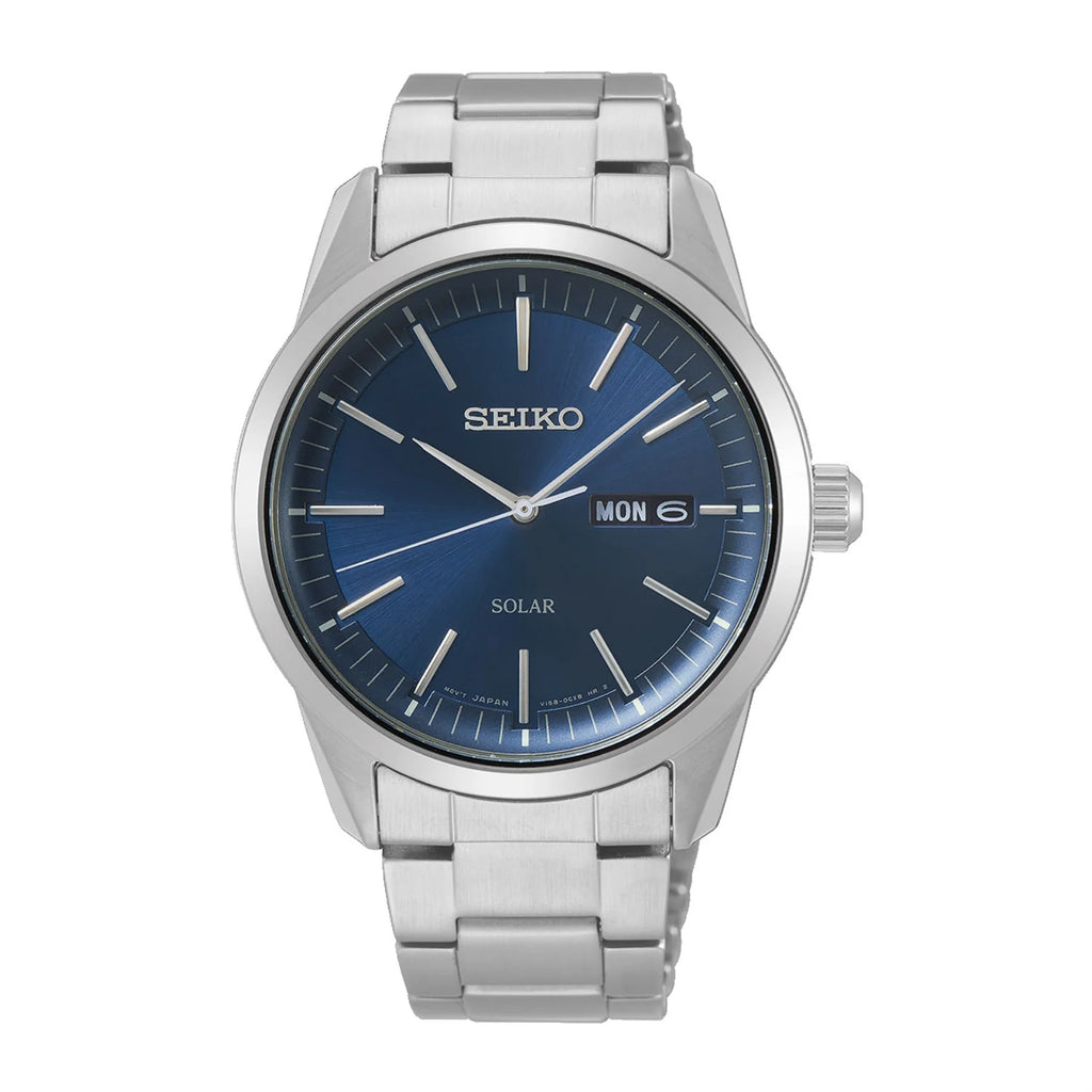 Gents solar powered Seiko watch with a stainless steel band and a blue dial