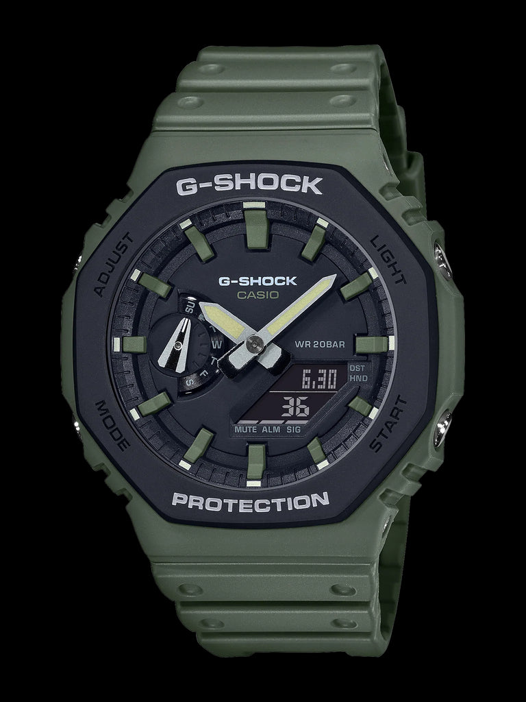 Khaki green G Shock watch with a black dial
