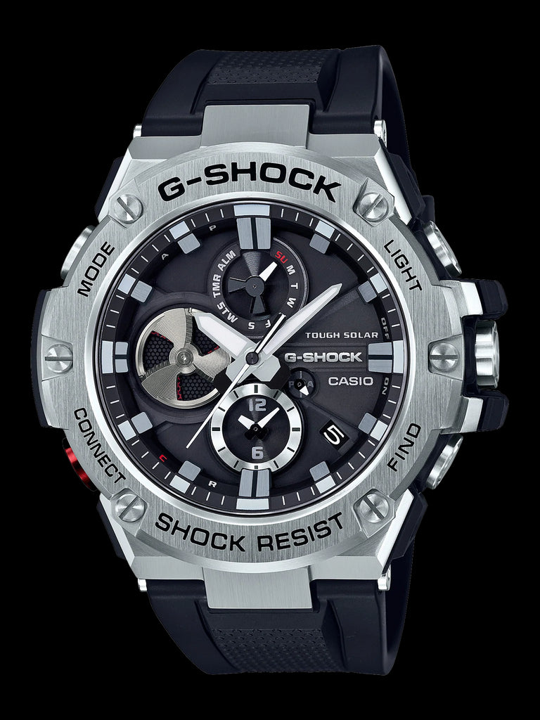 G-Steel G Shock watch with steel case and a black rubber band