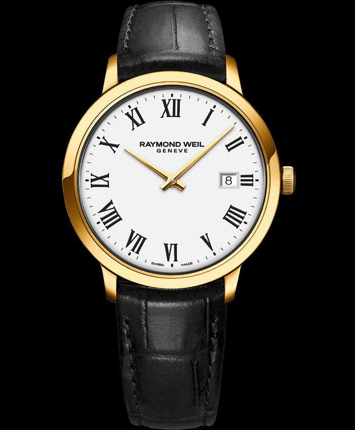 Gents Raymond Weil watch with a gold case and black leather watch band