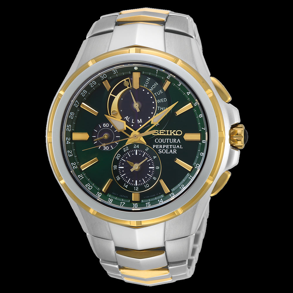 Seiko Couture Perpetual watch with a green dial.  This gents watch is solar powered.
