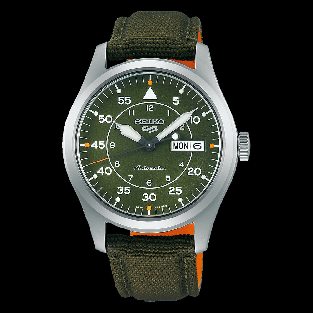 Seiko Field Series watch with a green dial and a green nylon band