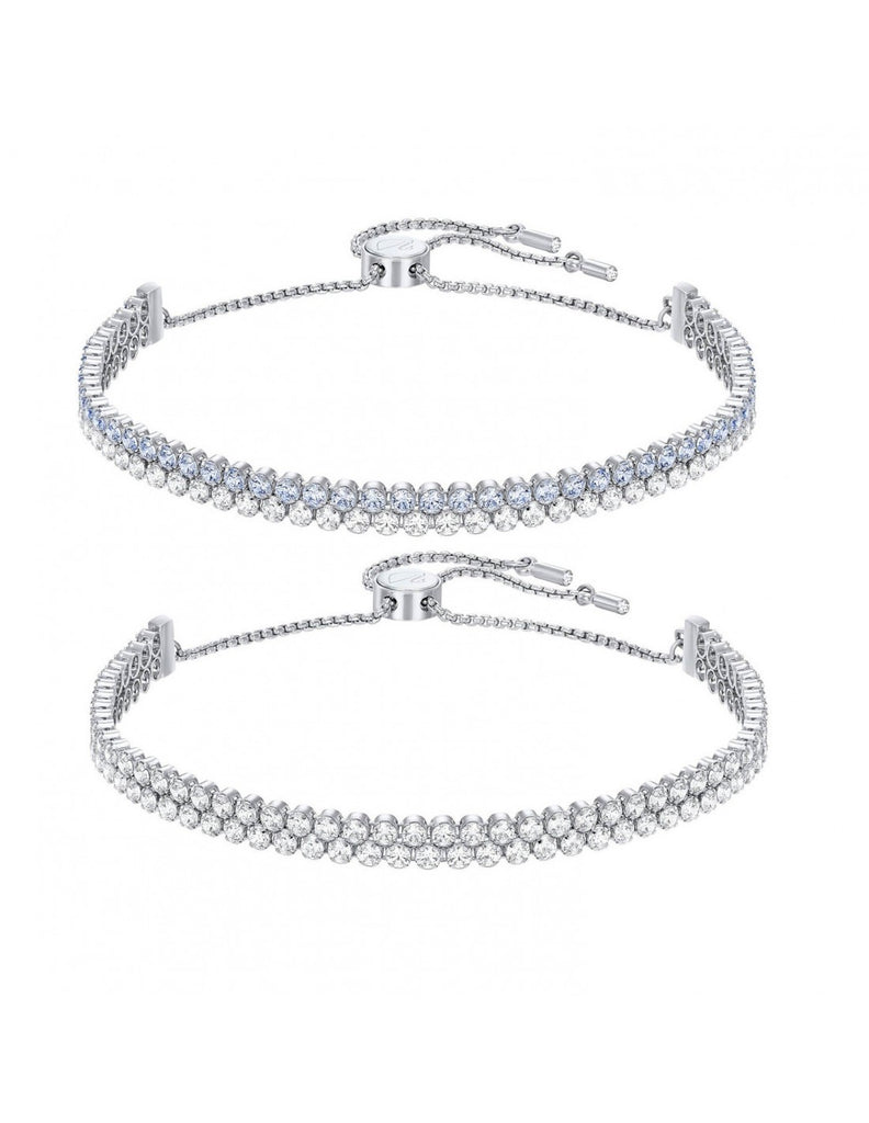 Set of two Swarovski tennis braclets, one with blue crystals and one with white crystals