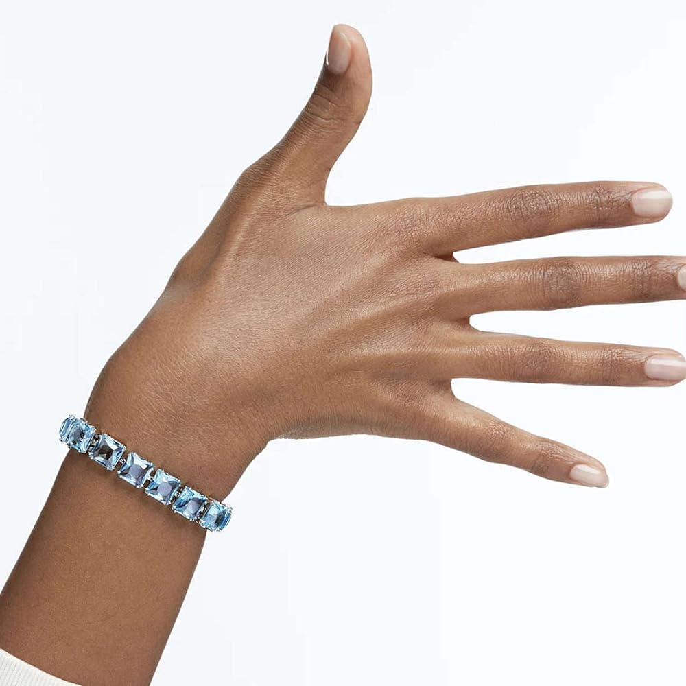 Blue Swarovski crystal bracelet worn by a model