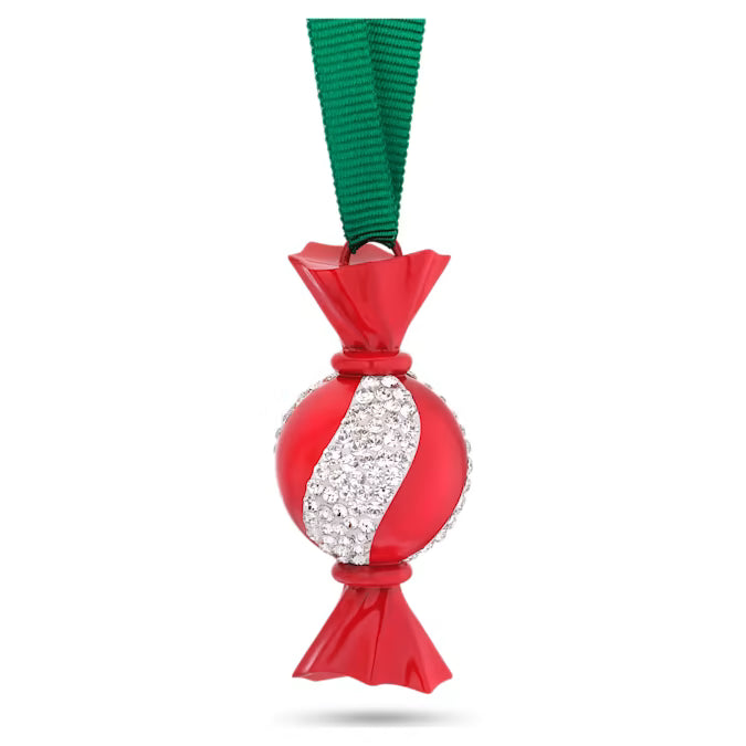 Red and white Swarovski crystal ornament with a green ribbon