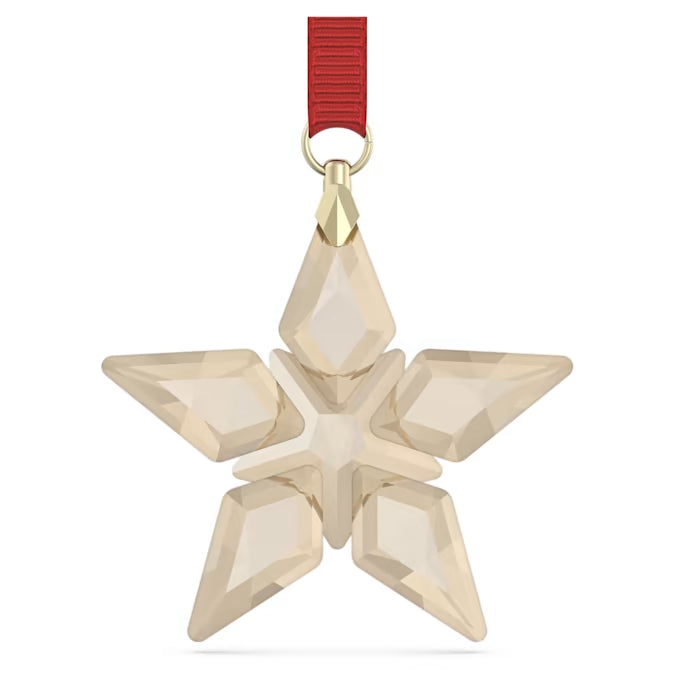 Gold Swarovski crystal star ornament with red ribbon