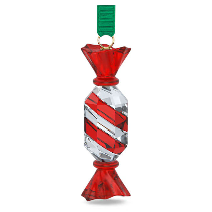 Swarovski crystal candy cane christmas ornament with a green ribbon