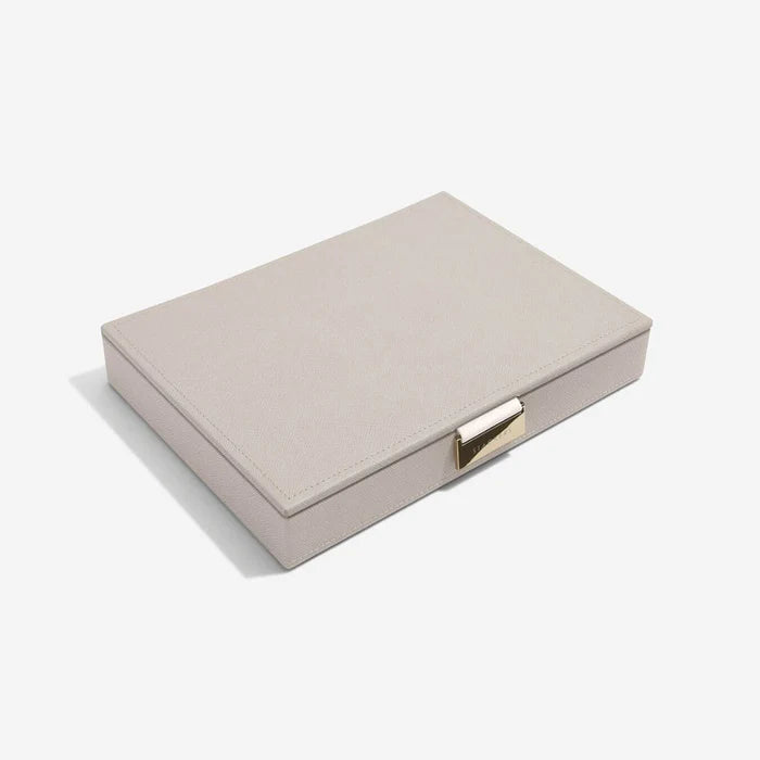 Taupe grey jewellery box lid with gold hardware detailing
