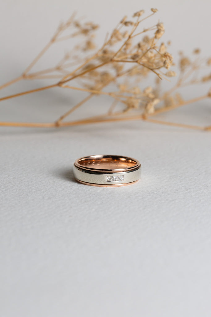 Mens white and rose gold wedding ring set with diamonds