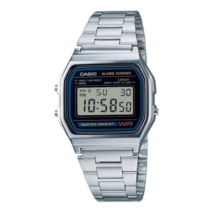 A silver Casio digital watch with a stainless steel band and a digital display.