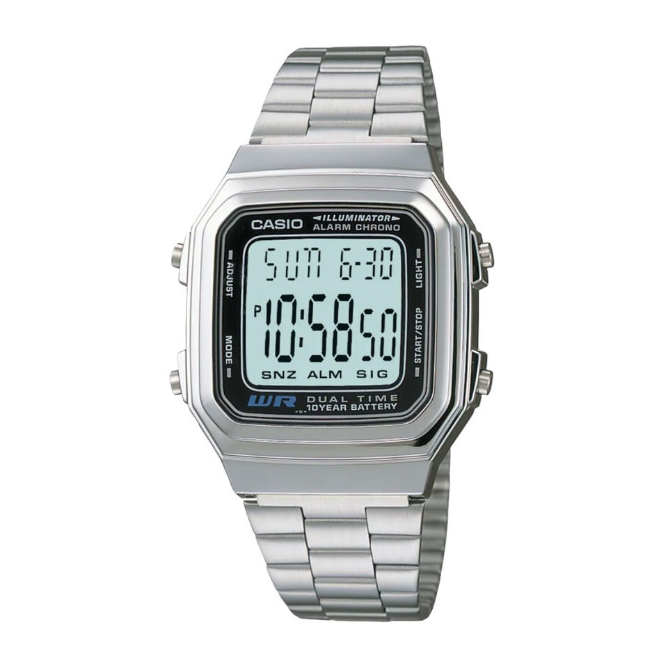 Discover the Casio A178WA-1A digital watch – featuring a silver-tone stainless steel band