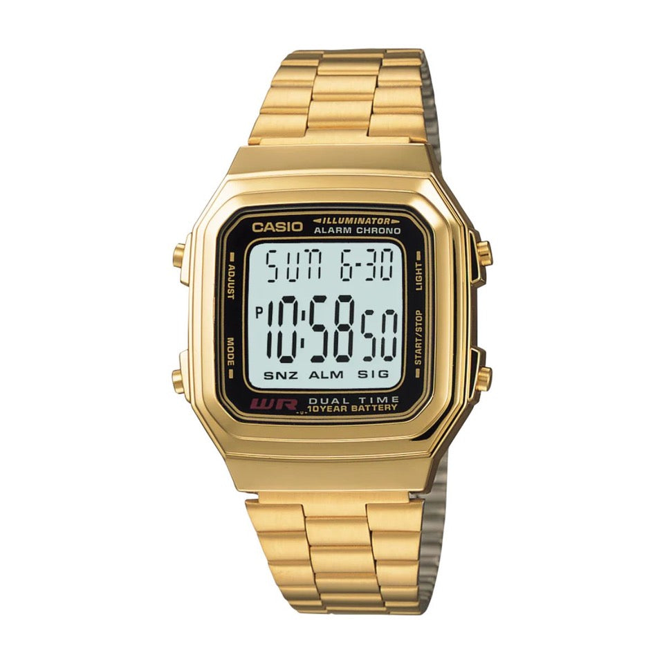 Casio A178WGA-1A classic digital watch – featuring a sleek gold-tone stainless steel band