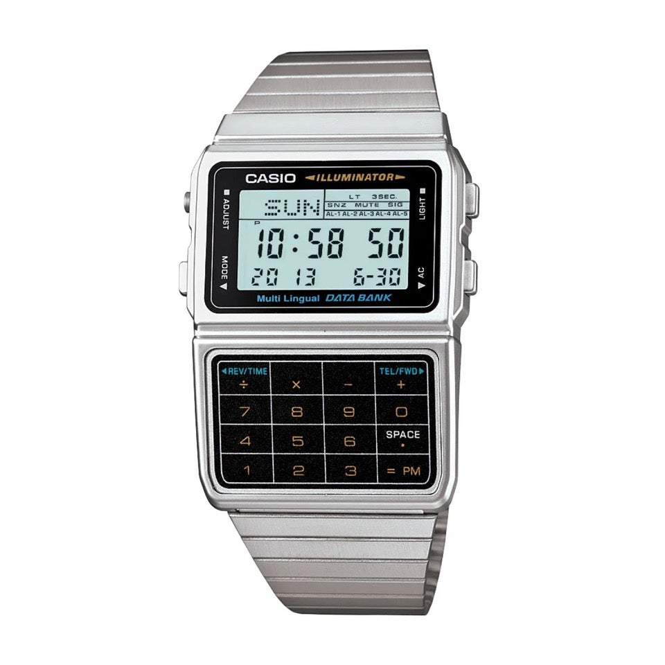 Explore the Casio DBC611-1D digital calculator watch – featuring a sleek stainless steel band