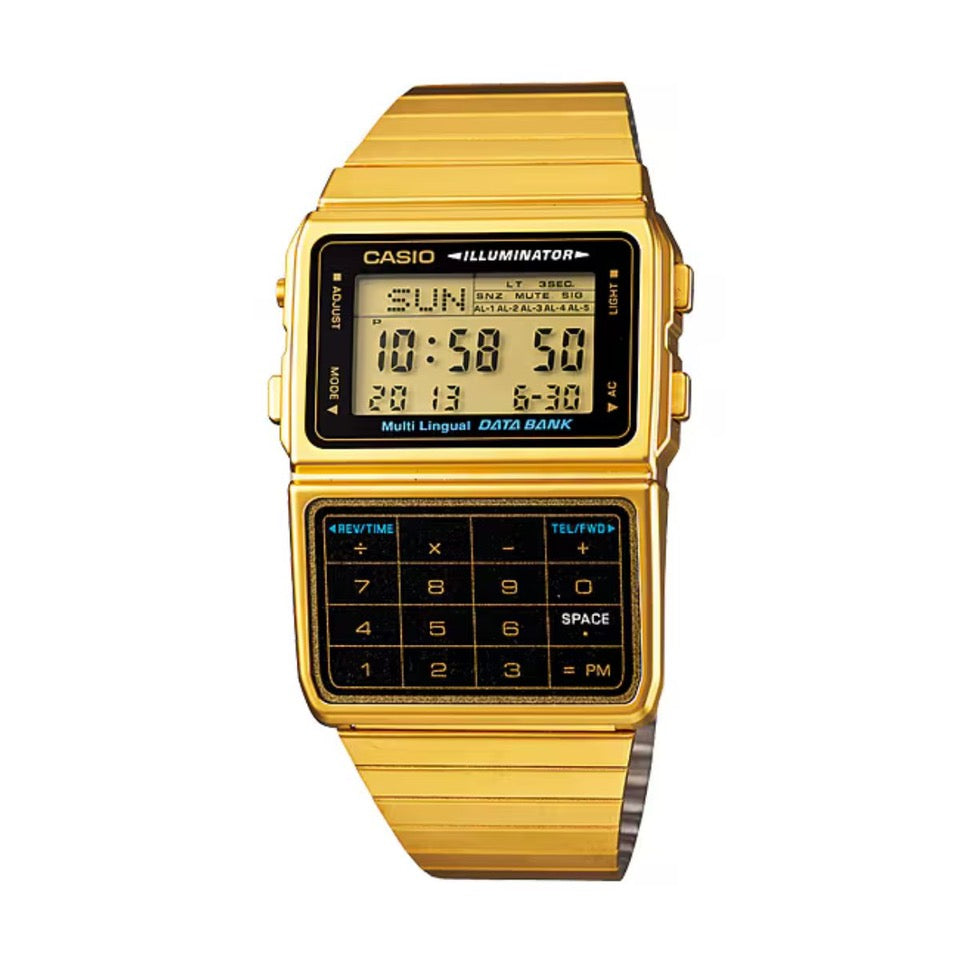Casio DBC611G-1D digital calculator watch with gold-tone stainless steel band