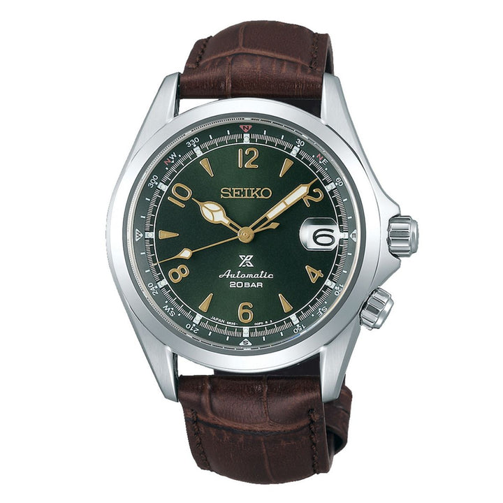 Seiko Alpinist SPB121J automatic with blue dial and bezel, stainless steel case and bracelet, featuring 200m water resistance and classic diver design.