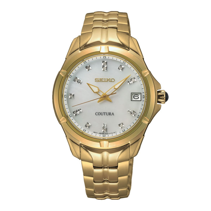 Seiko Coutura SUR596P women’s watch with gold-tone stainless steel case and bracelet, white dial, and elegant design – stylish and reliable timepiece for everyday wear.