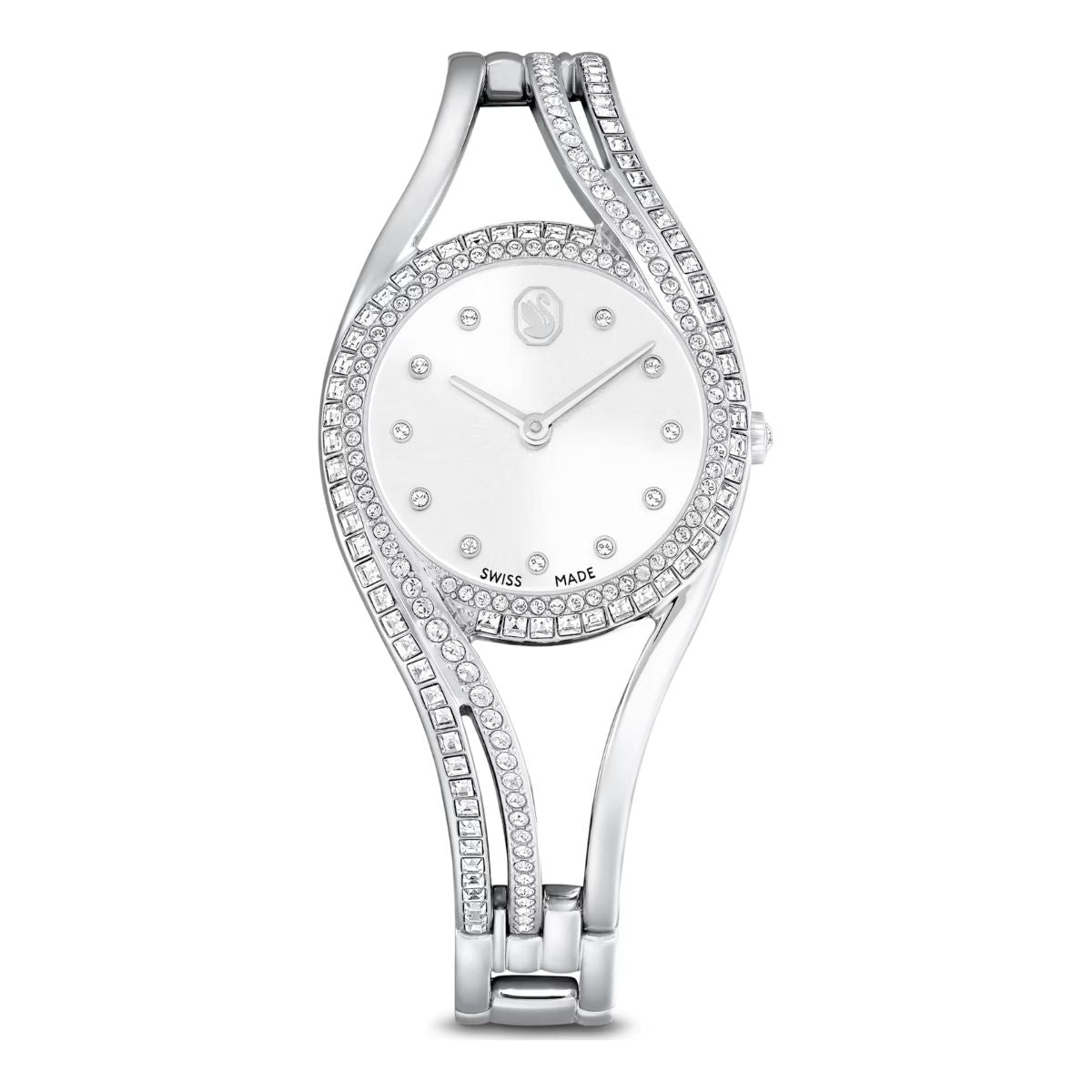 Distinguished by elegant curves and a sense of refinement, this Hyperbola bangle watch blurs the line between jewellery and timepiece. The 28mm stainless steel case features a combined bezel and bracelet set with 176 clear crystals in princess and round cuts.