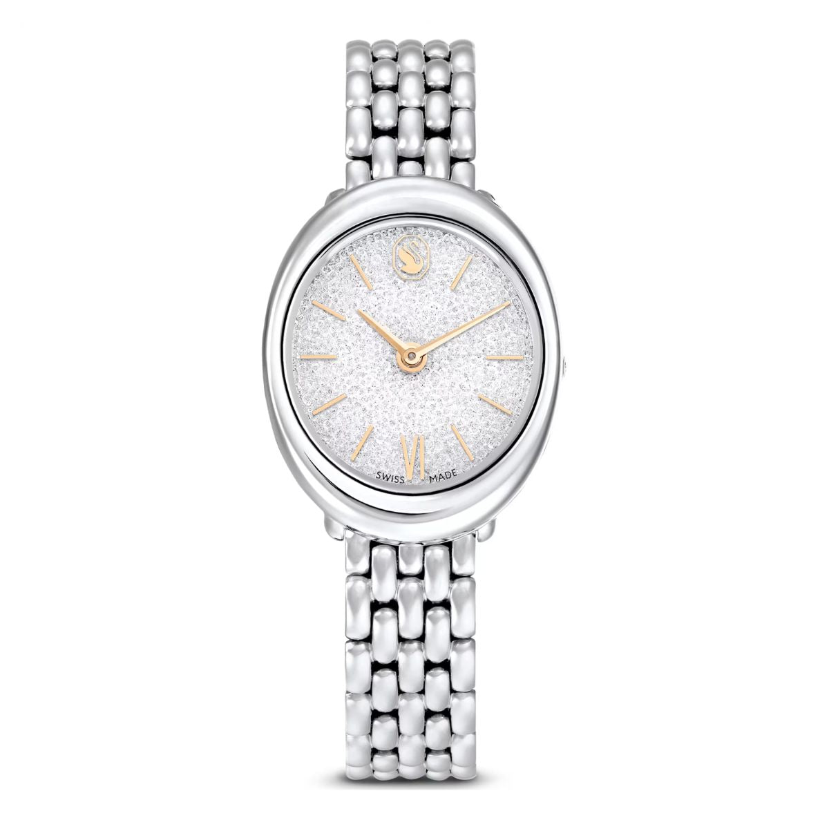 The Imber timepiece conveys a modern approach to watchmaking through its glittering dial and timeless elliptical shape. This 24 x 26.3 mm version is crafted in stainless steel and features around 1,000 clear crystals on its Crystalline dial.