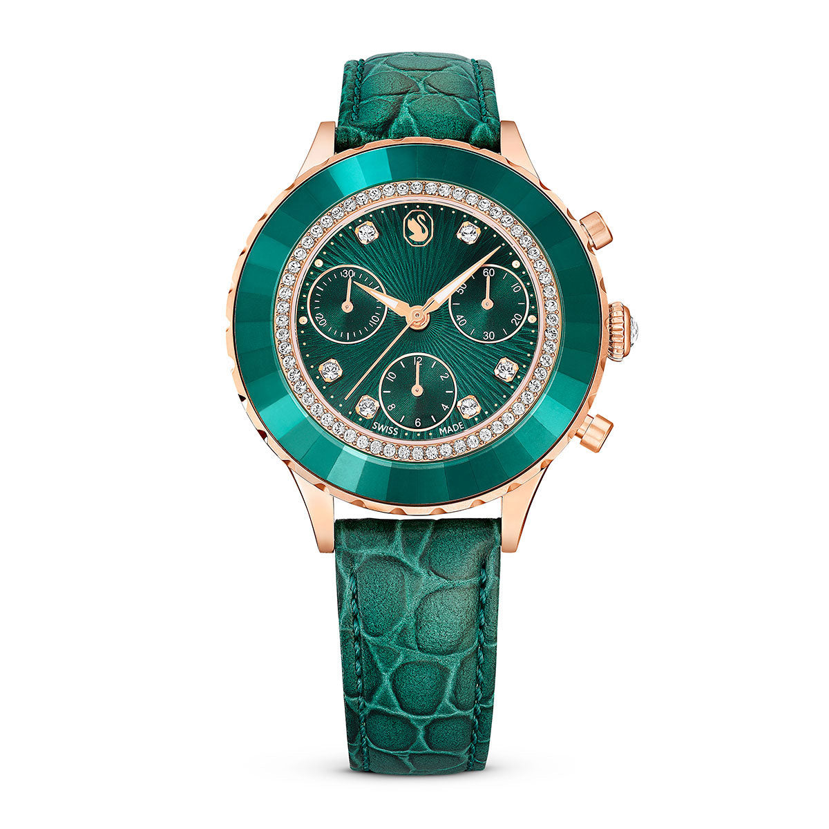A Swarovski Octea Chrono Watch with a green dial, rose gold-tone case, and a green leather strap.