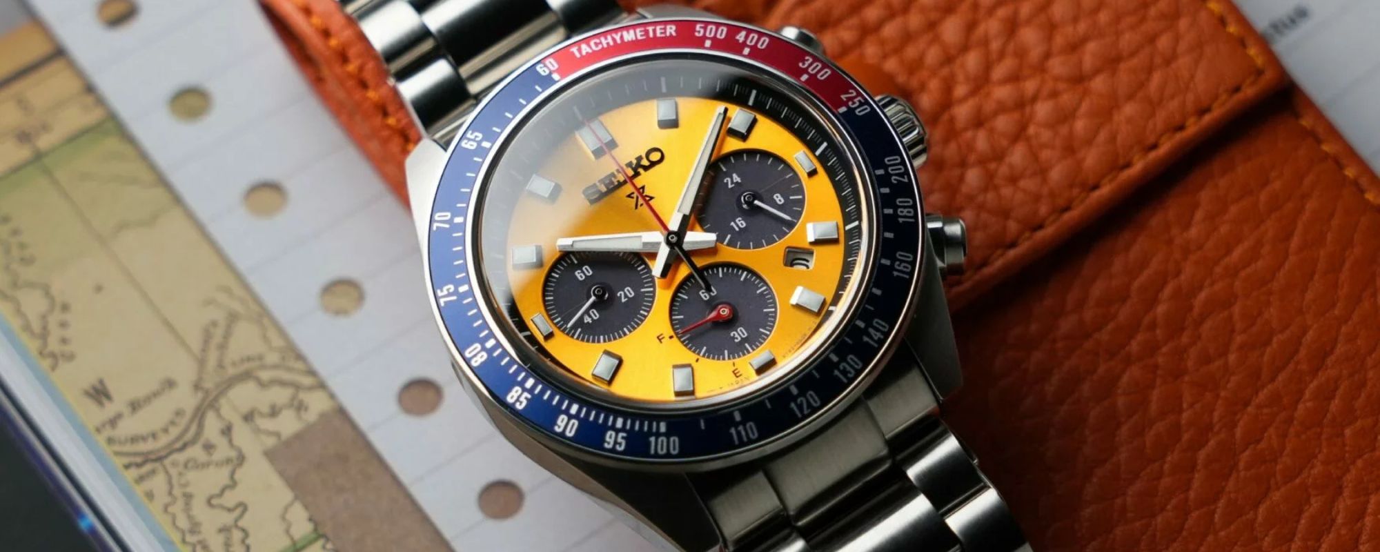 Seiko Prospex Speedtimer Pogue chronograph watch with yellow dial, available at Wrights Jewellers NZ