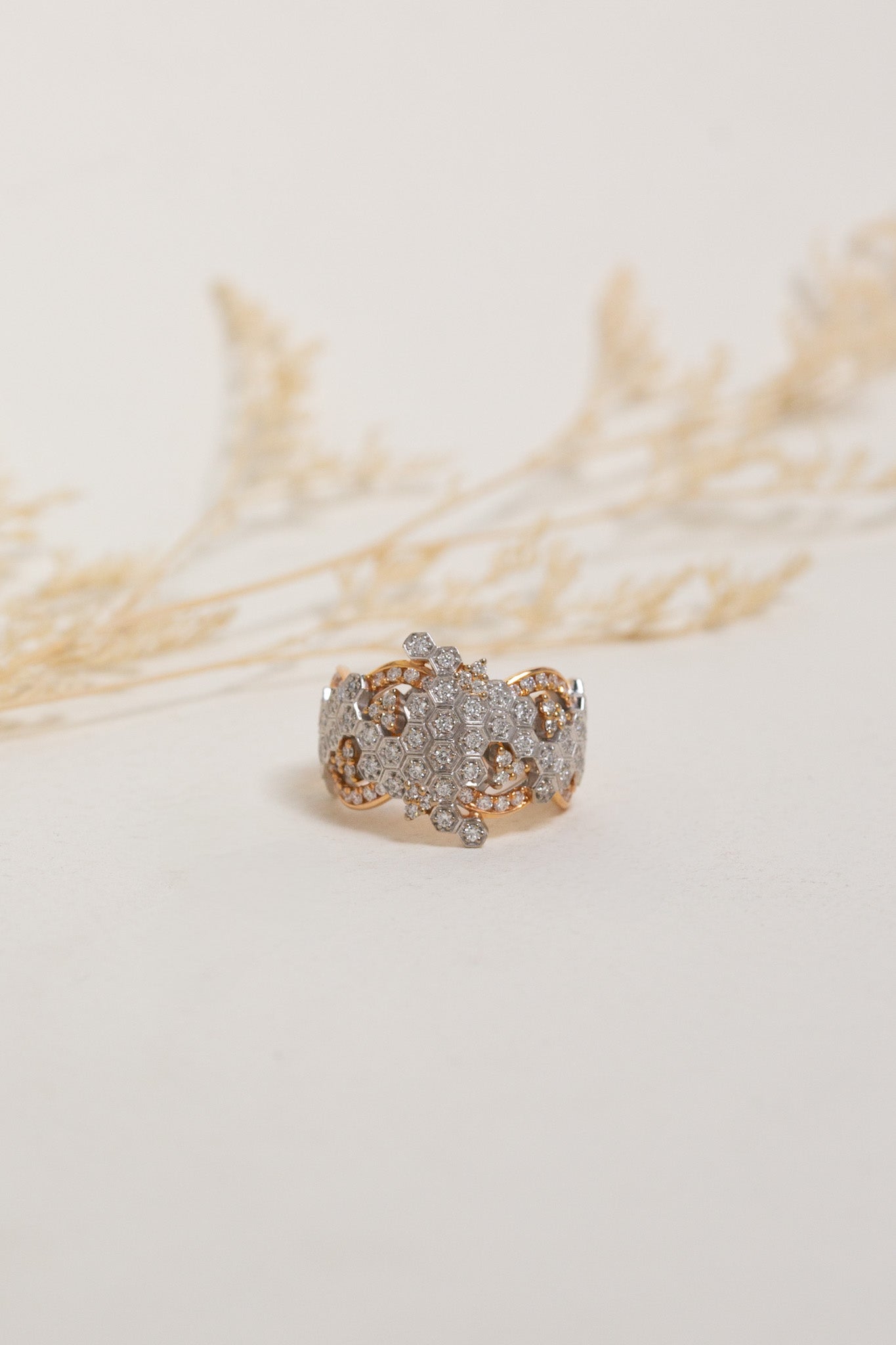 Wide Diamond dress ring set in white and rose gold