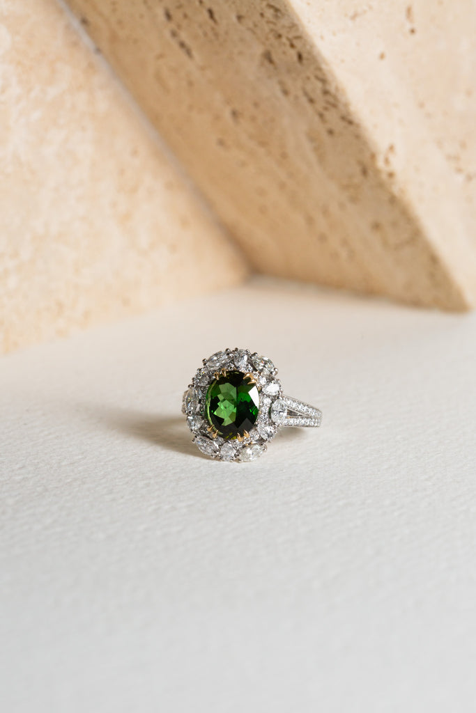 Green tourmaline and diamond cocktail ring, set in platinum