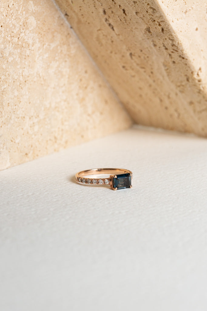 London Blue Topaz ring with diamonds on the shoulders