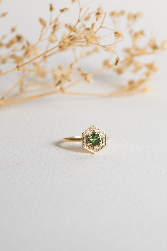 Meadowlark Hex ring set with a Green Sapphire