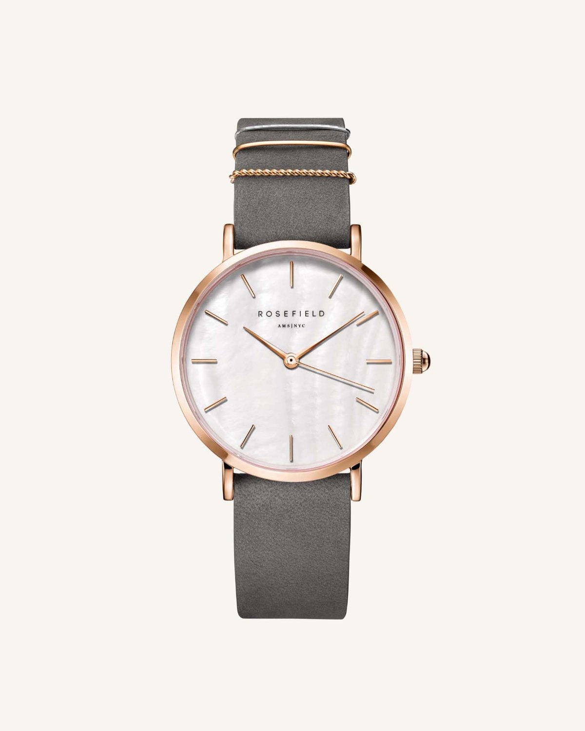 Rosefield The West Village with grey leather strap and rose gold case