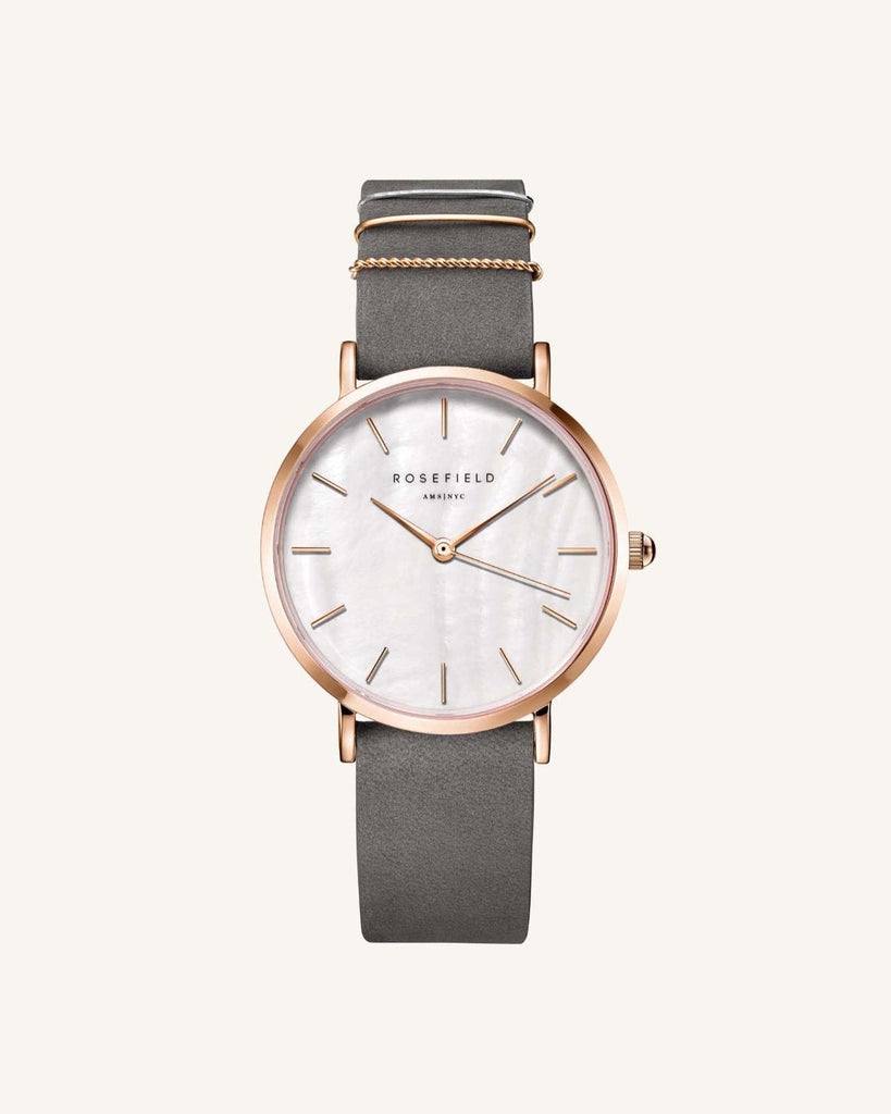 Rosefield The West Village with grey leather strap and rose gold case