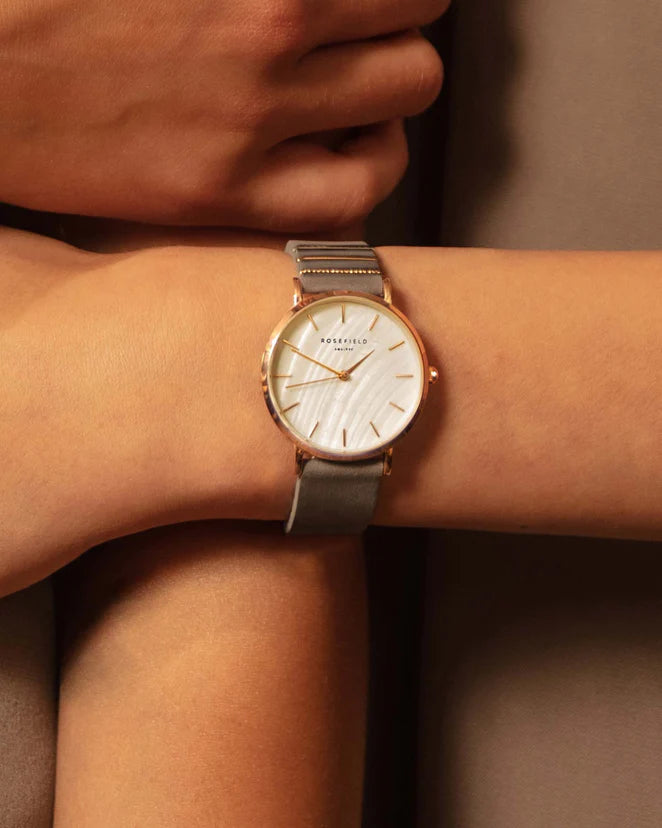 Ladies rose gold watch with grey leather strap