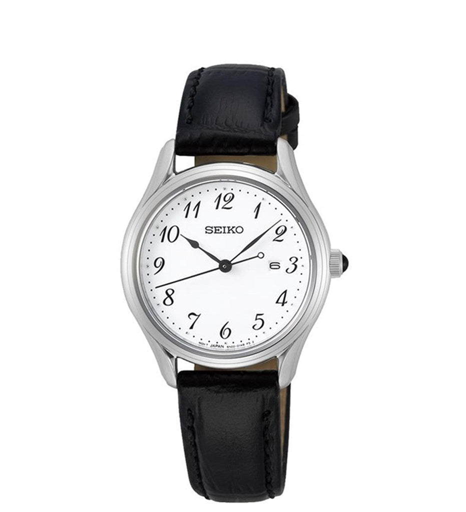 Ladies Seiko watch with black leather strap and an easy to read dial