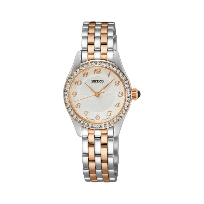 Ladies two tone Seiko watch with crystals on the dial