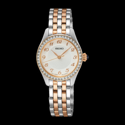 Ladies two tone Seiko watch with crystals on the dial
