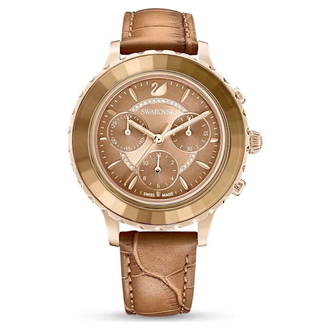 Swarovski Octea Lux ladies chrono watch.  The watch has a gold case and dial, with a brown leather band.