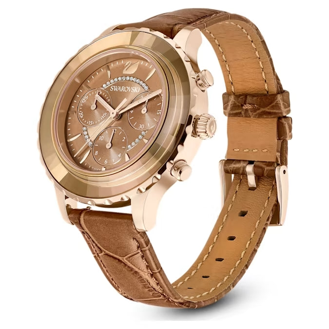Swarovski ladies Octea Lux chronograph watch.  The watch has a brown leather watch strap and a Swarovski crystal bezel.