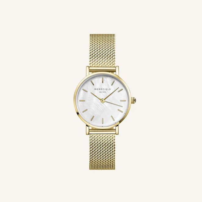 Rosefield The Small Edit gold watch with gold mesh strap and mother of pearl dial