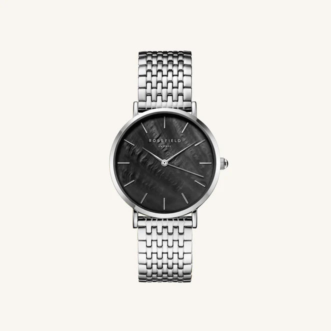 Rosefield The Upper East Side silver ladies watch with black pearl dial