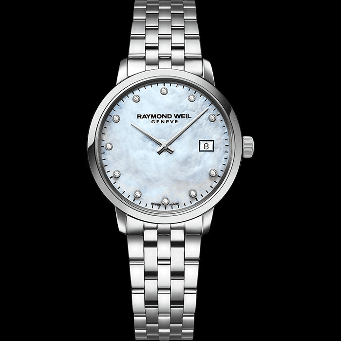 Ladies Silver Raymond Weil watch with a mother of pearl dial and diamond dial markers