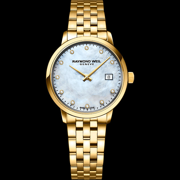 Ladies gold Raymond Weil watch with a mother of pearl dial and diamond dial markers