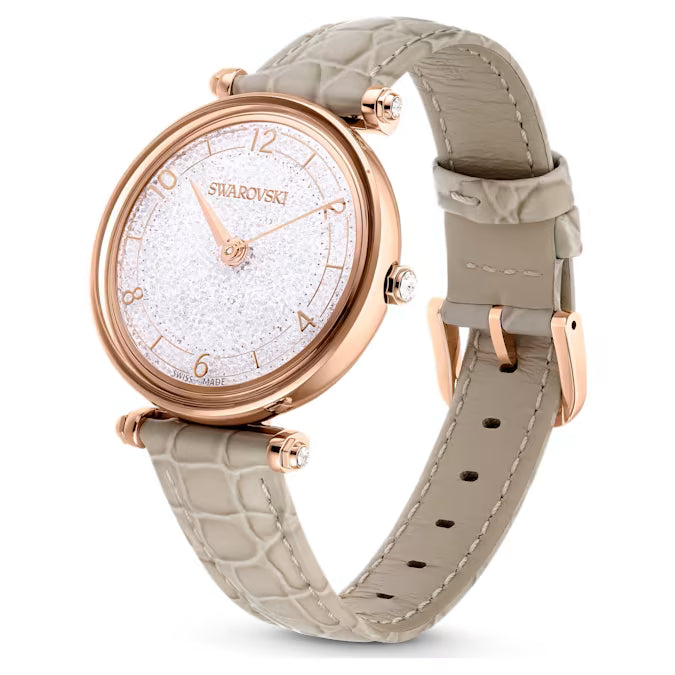 Swarovski crystal watch with beige leather strap and rose gold case
