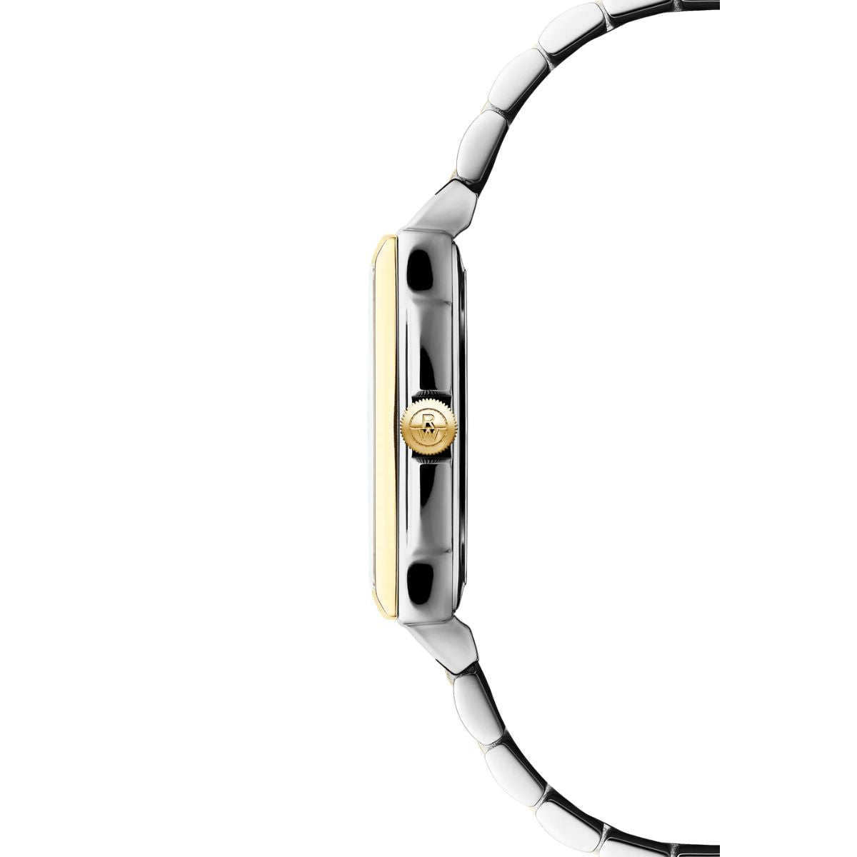 Side view of Raymond Weil Toccata slim two-tone case with RW logo crown